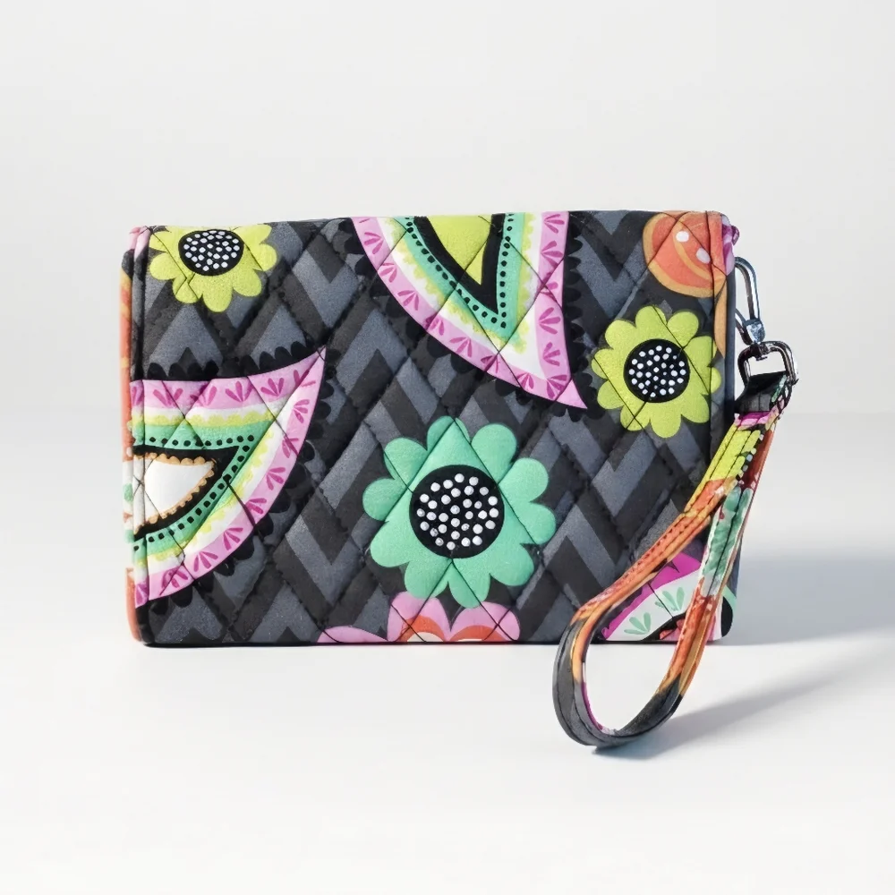 Vera Bradley Wristlet Wallet Pouch Floral Cotton Quilted Pink Grey Orange Strap - Picture 2 of 8